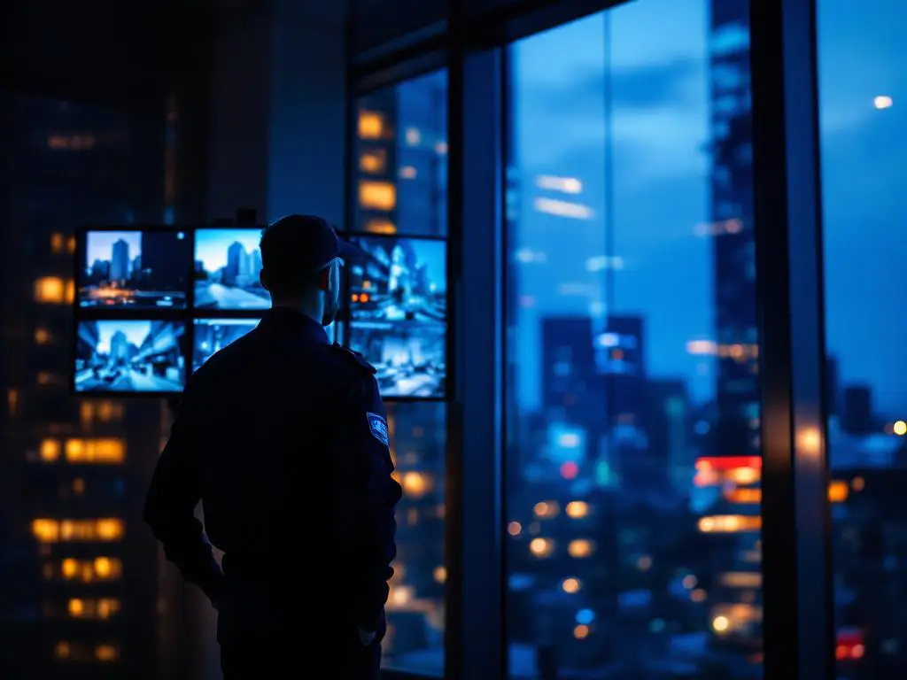Beveiligingsbeambte in donker uniform monitort CCTV-schermen terwijl hij patrouilleerd langs kantoorvensters bij schemering
