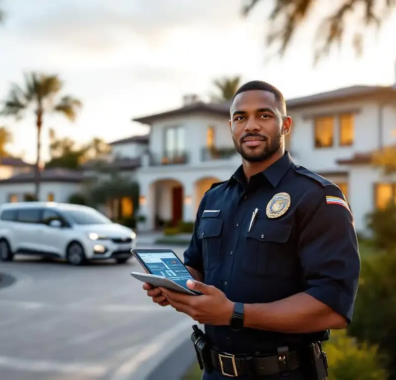 Professionele beveiliger in donkerblauwe uniform met tablet bij luxe vakantiehuis, witte beveiligingsauto op oprit