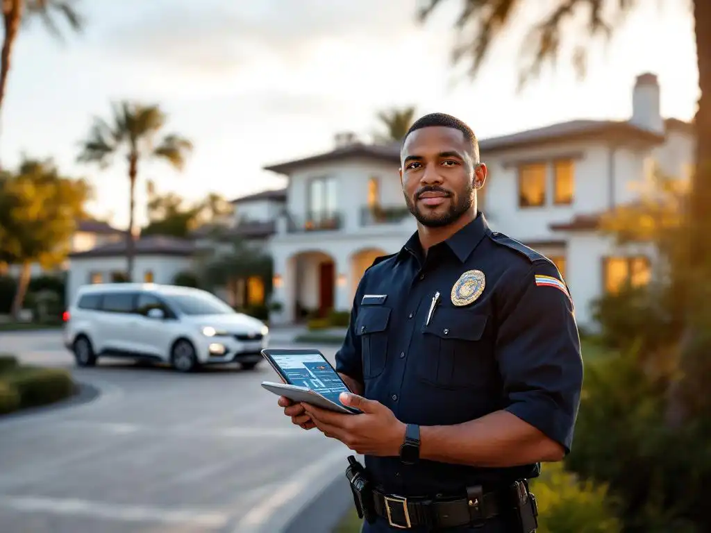 Professionele beveiliger in donkerblauwe uniform met tablet bij luxe vakantiehuis, witte beveiligingsauto op oprit