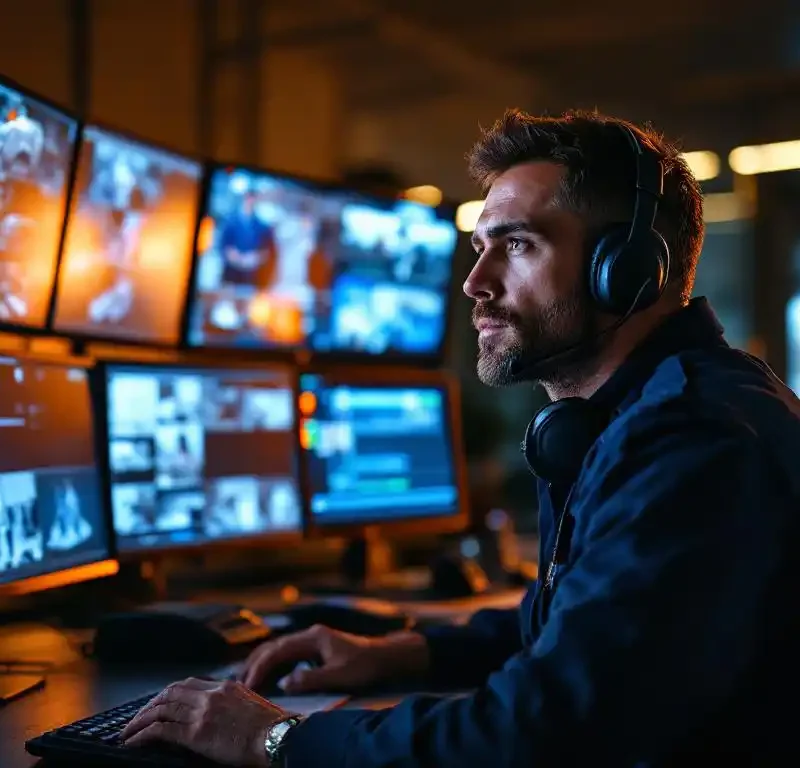 Beveiligingsmedewerker in uniform bewaakt meerdere surveillanceschermen in moderne controleruimte met amber verlichting