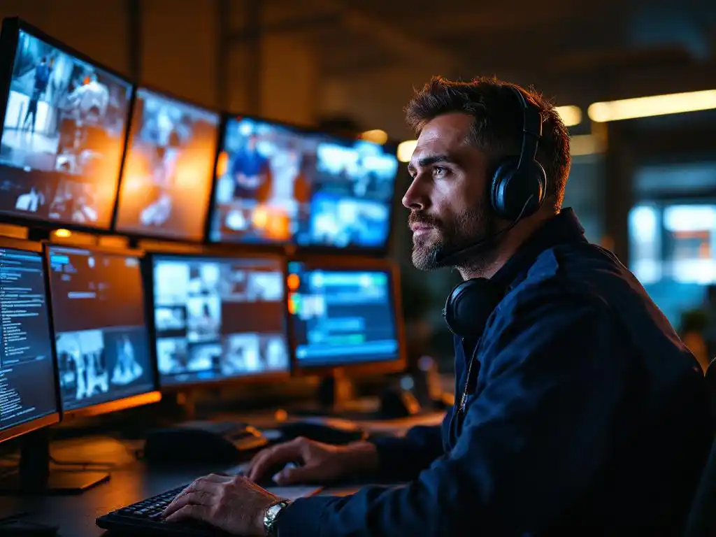 Beveiligingsmedewerker in uniform bewaakt meerdere surveillanceschermen in moderne controleruimte met amber verlichting