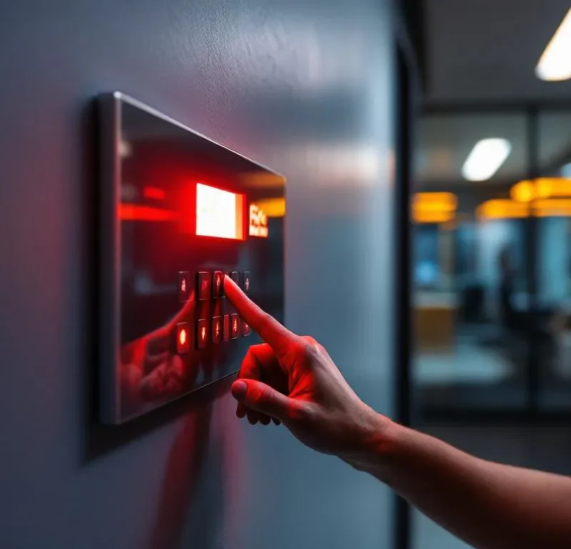 Beveiligingsmedewerker in donker uniform onderzoekt rode brandmeldcentrale aan moderne kantoorwand, vinger boven noodknoppen