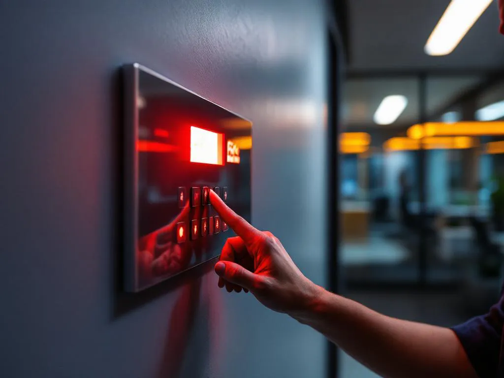 Beveiligingsmedewerker in donker uniform onderzoekt rode brandmeldcentrale aan moderne kantoorwand, vinger boven noodknoppen