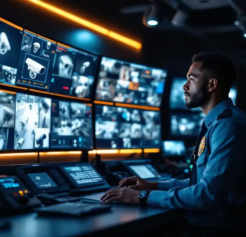 Beveiligingsoperator monitort live camerabeelden op meerdere HD-schermen in professionele bewakingscentrale met moderne apparatuur