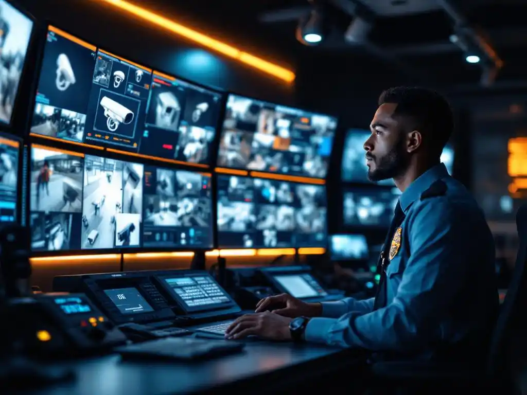 Beveiligingsoperator monitort live camerabeelden op meerdere HD-schermen in professionele bewakingscentrale met moderne apparatuur