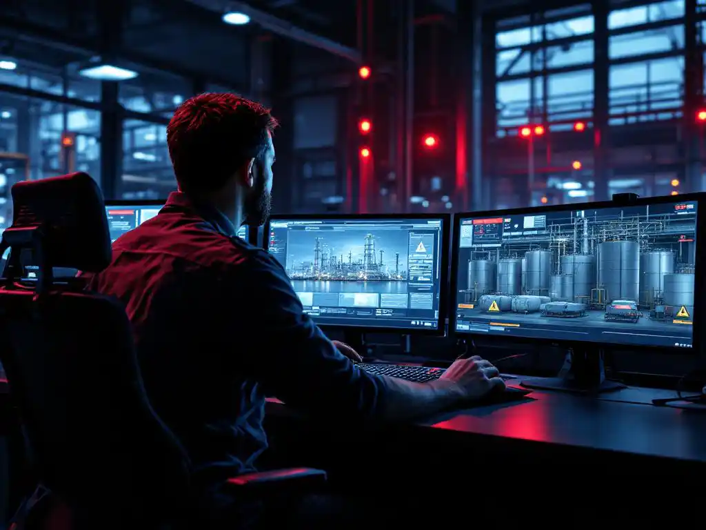 Beveiligingsoperator bewaakt chemische faciliteit met opslagtanks en waarschuwingssymbolen op meerdere monitoren in controleruimte