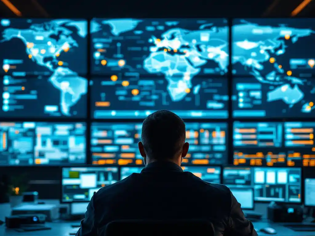 Beveiligingsoperator bewaakt meerdere schermen met wereldkaart en internationale bedrijfslocaties in moderne controlekamer
