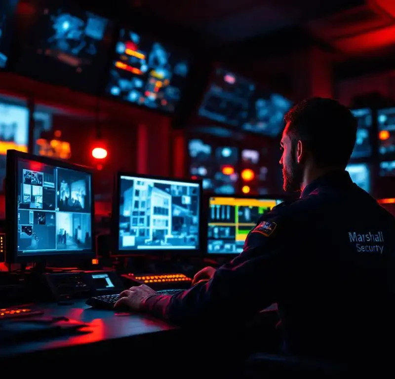 Beveiligingsmedewerker monitort bewakingsschermen tijdens stroomuitval met noodverlichting in controlecentrum