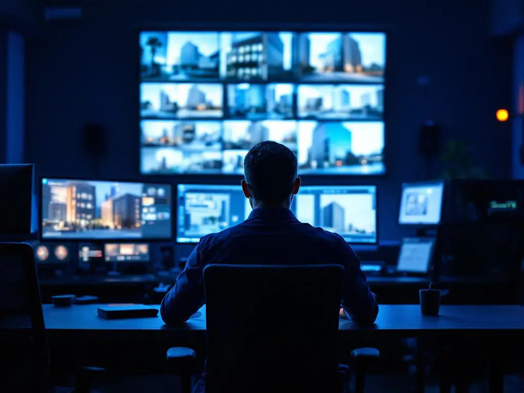 Beveiligingsmedewerker monitort bewakingscamera's in moderne commandocentrale met blauwe monitorverlichting