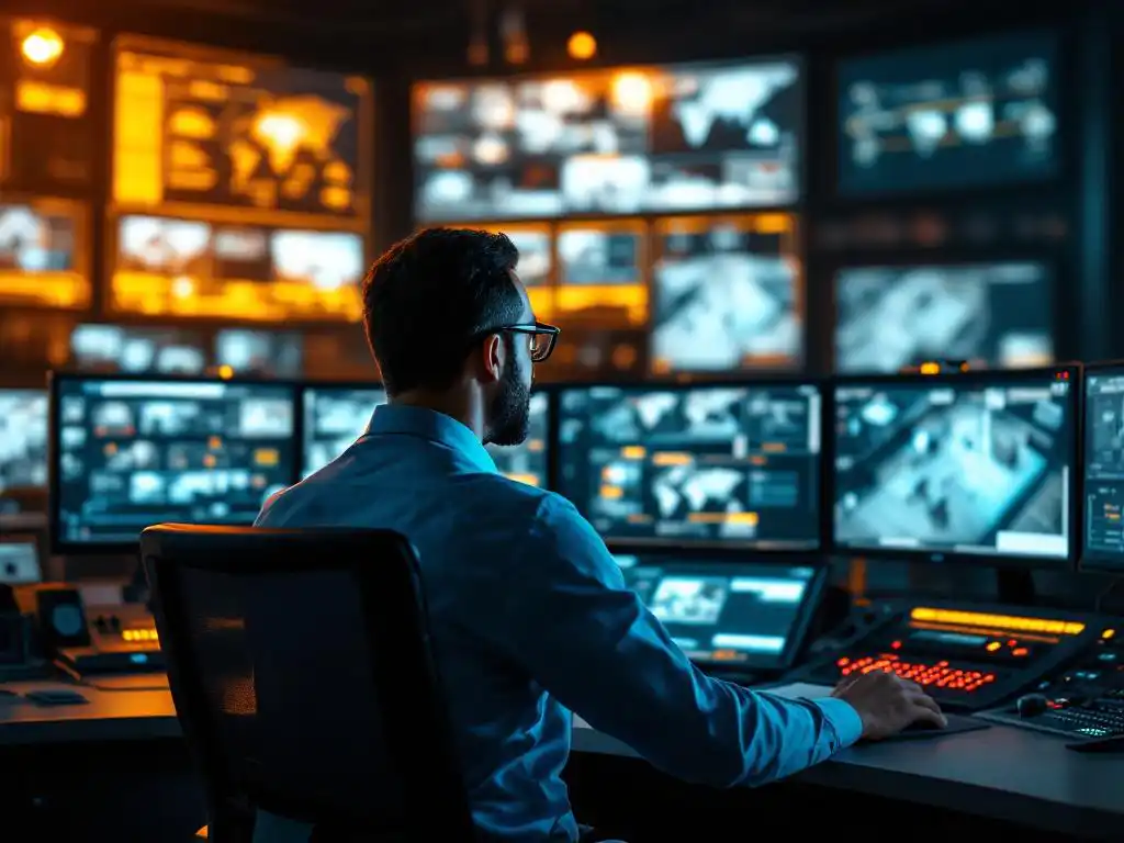 Beveiligingsoperator monitort meerdere bewakingsschermen in professionele controlekamer met noodcommunicatieapparatuur