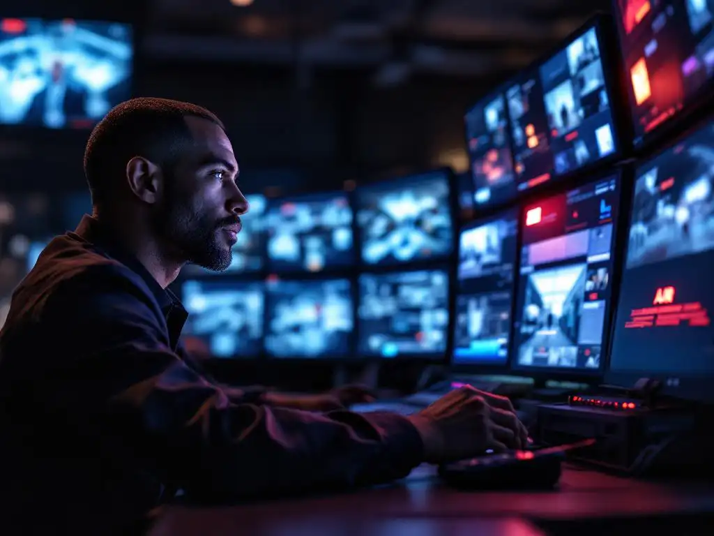 Beveiligingsoperator in controlecentrum monitort surveillanceschermen met rode alarmmelding, hand reikt naar radioapparaat