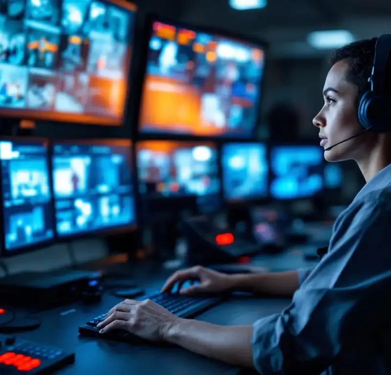 Beveiligingsmedewerker monitort bewakingsschermen van zorgfaciliteit vanuit controlecentrum met noodknoppen