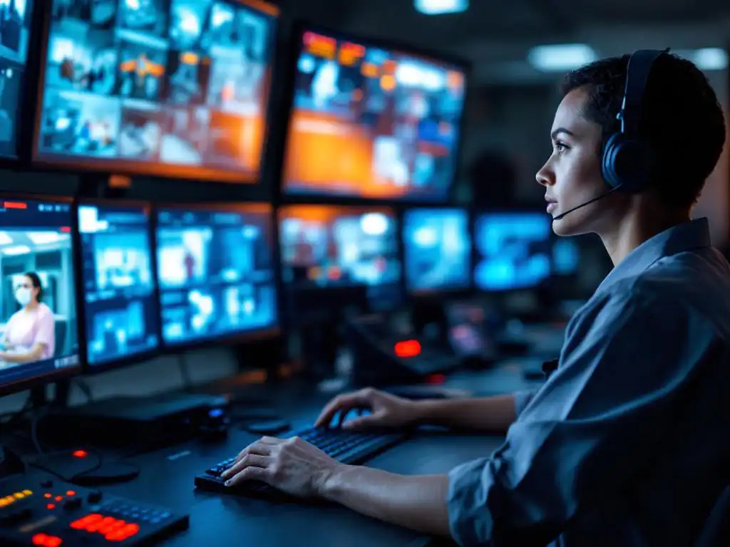 Beveiligingsmedewerker monitort bewakingsschermen van zorgfaciliteit vanuit controlecentrum met noodknoppen