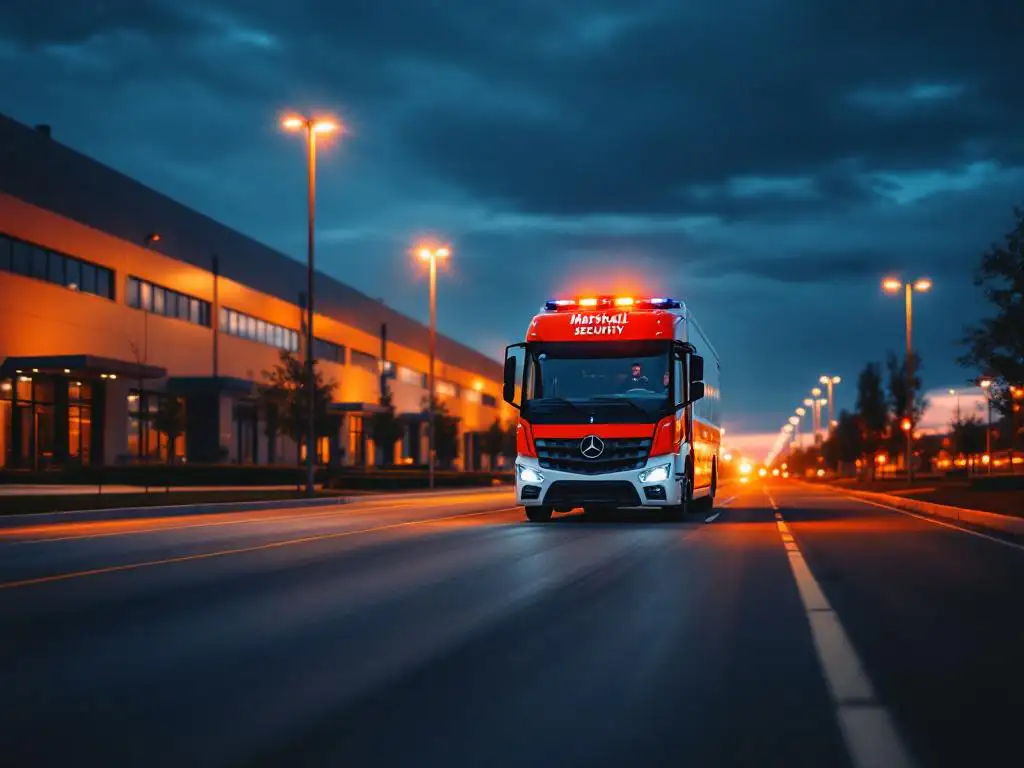 Marshall Security patrouillewagen rijdt door modern bedrijventerrein tijdens schemering met kantoorgebouwen en warme verlichting