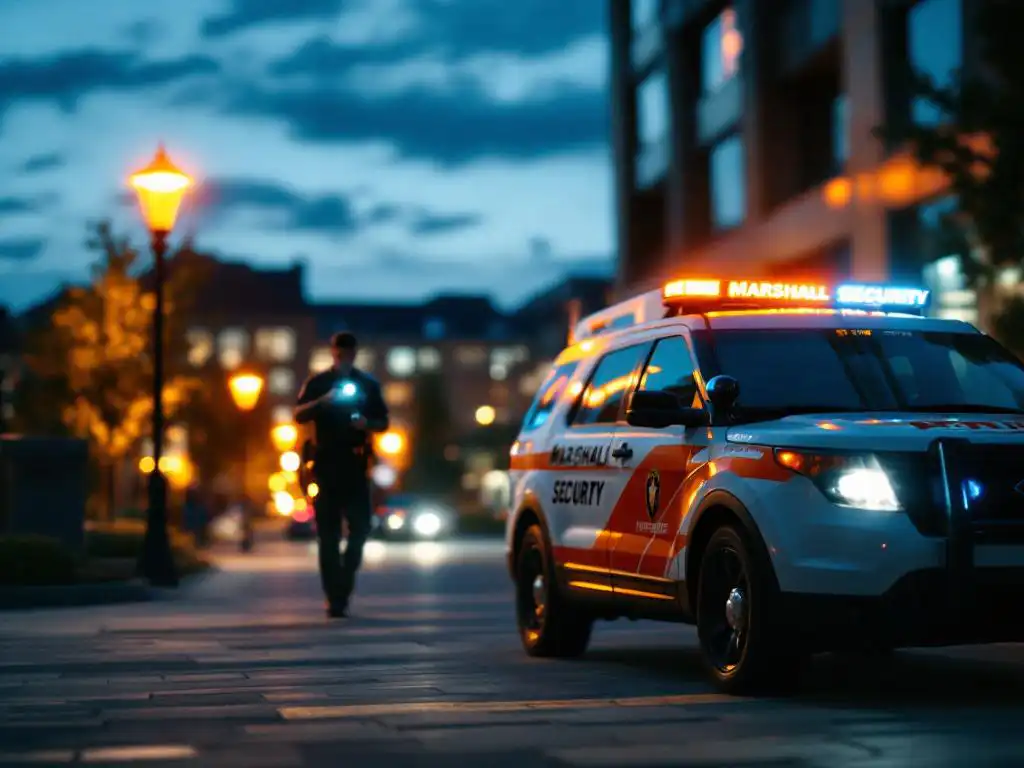 Marshall Security patrouillevoertuig met oranje markeringen geparkeerd bij gemeentelijk gebouw tijdens schemering, beveiligingsmedewerker met zaklamp