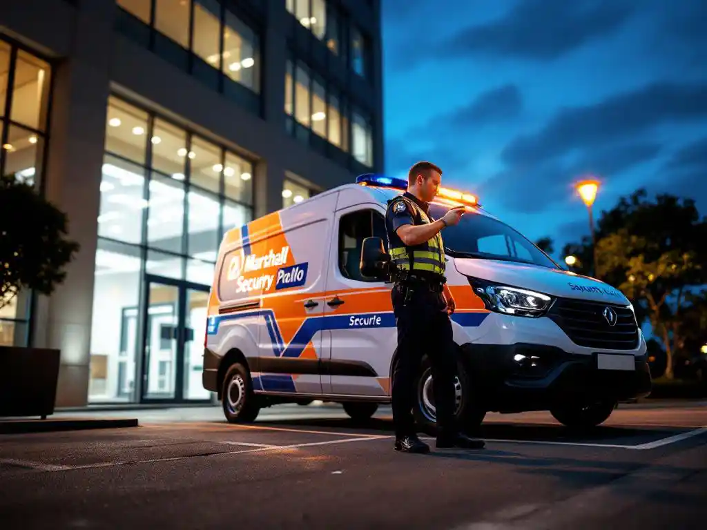 Witte beveiligingspatrouillevoertuig met Marshall Security branding geparkeerd bij modern kantoorgebouw, beveiligingsagent met zaklamp tijdens avondronde