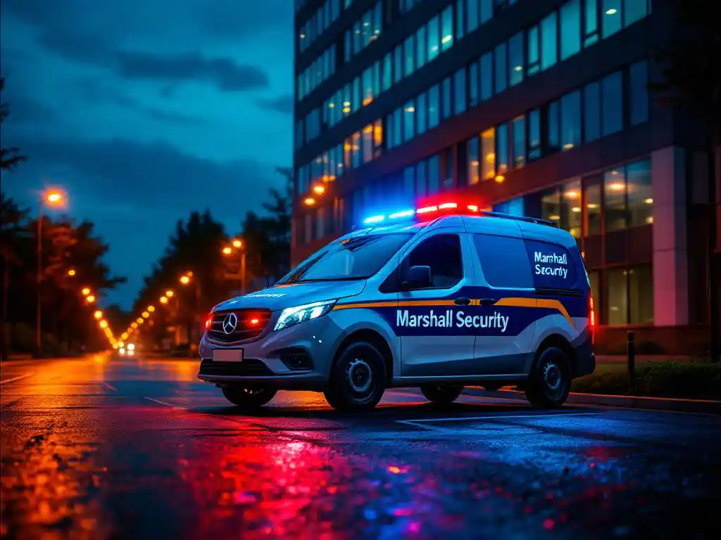 Marshall Security patrouillewagen geparkeerd bij modern kantoorgebouw tijdens schemering met amberkleurige straatverlichting