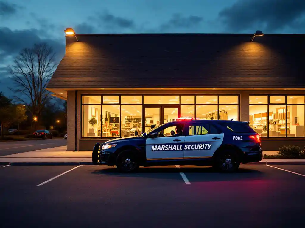 Marshall Security patrouillewagen geparkeerd voor moderne winkel tijdens avondcontrole, beveiligingsagent zichtbaar