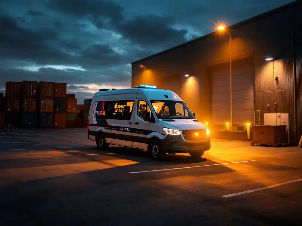 Witte beveiligingspatrouillewan geparkeerd bij modern magazijncomplex bij schemering met verlichte vrachtcontainers