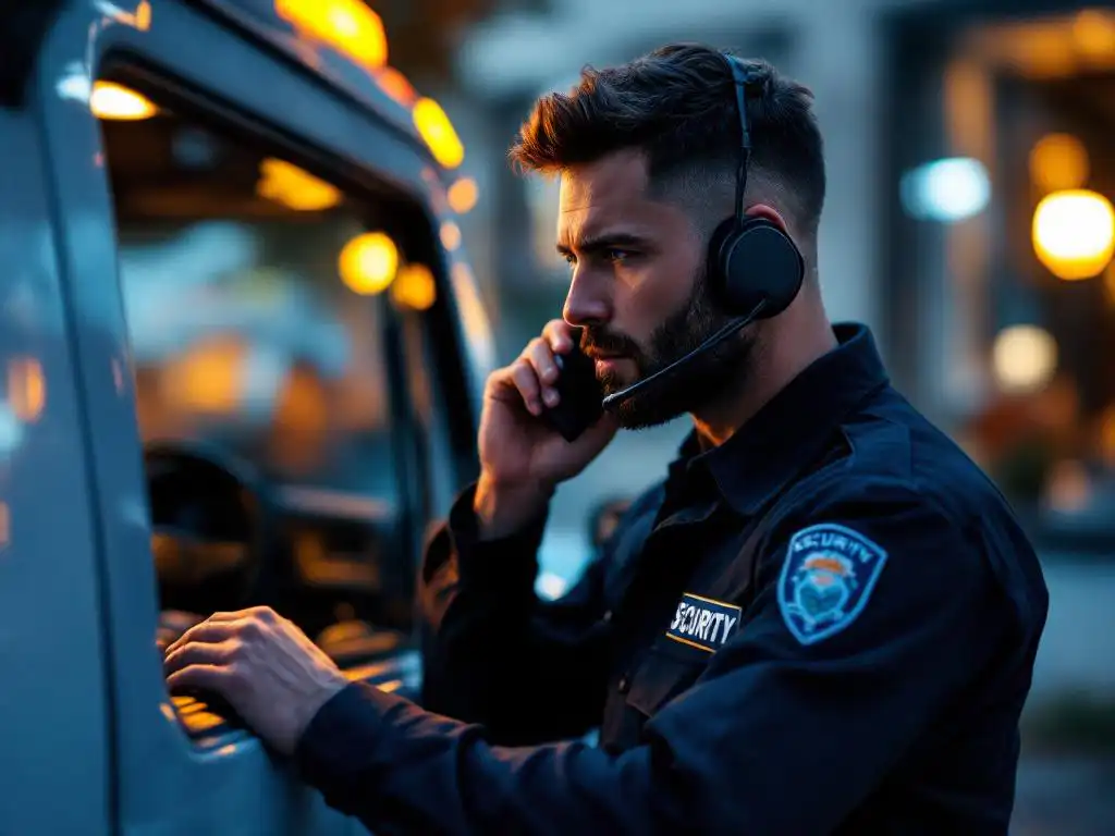 Beveiligingsmedewerker in donkerblauwe uniform spreekt in radioheadset naast gemarkeerd patrouillevoertuig, coördineert met ondernemer in verlicht kantoorvenster op achtergrond