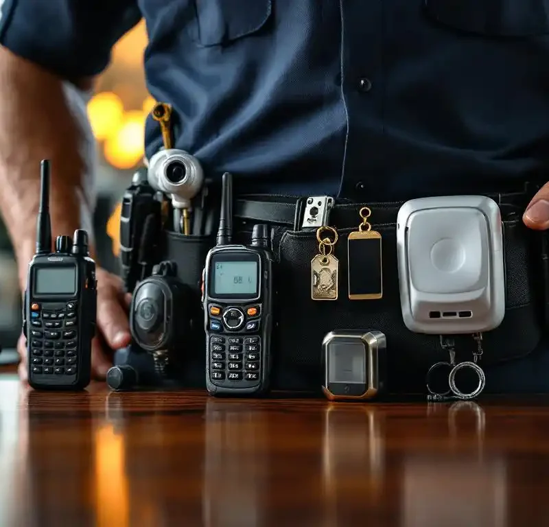 Beveiligingsriem met walkietalkie, camera, toegangskaart en alarmsensor op houten bureau