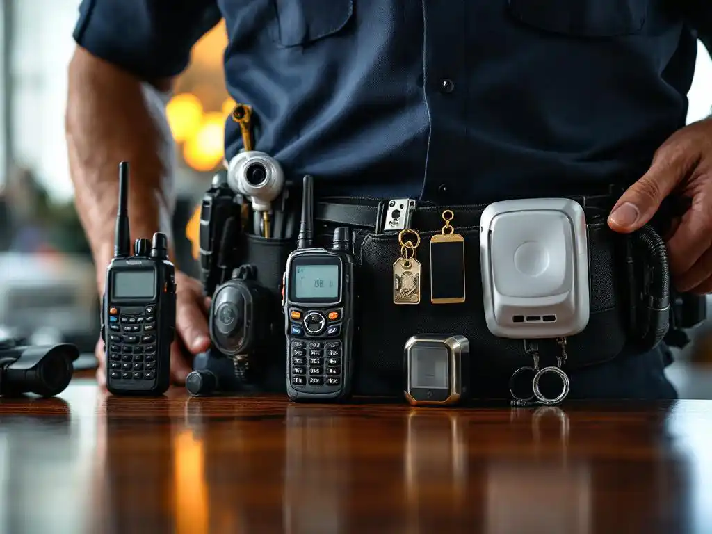 Beveiligingsriem met walkietalkie, camera, toegangskaart en alarmsensor op houten bureau