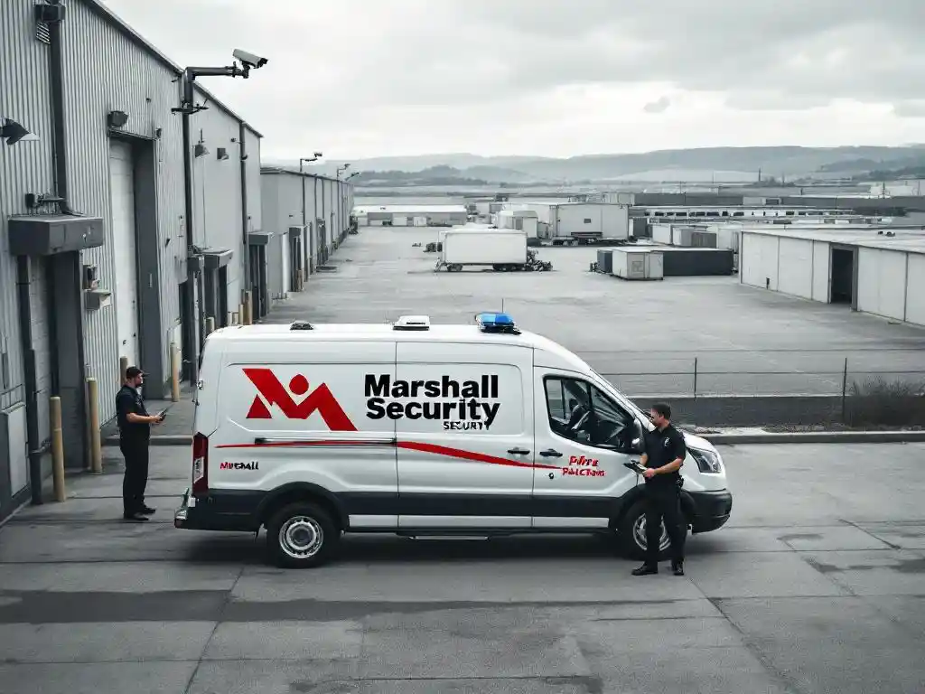Marshall Security patrouillevoertuig met beveiligingscamera bij ingang industrieel complex, bewaker controleert terrein