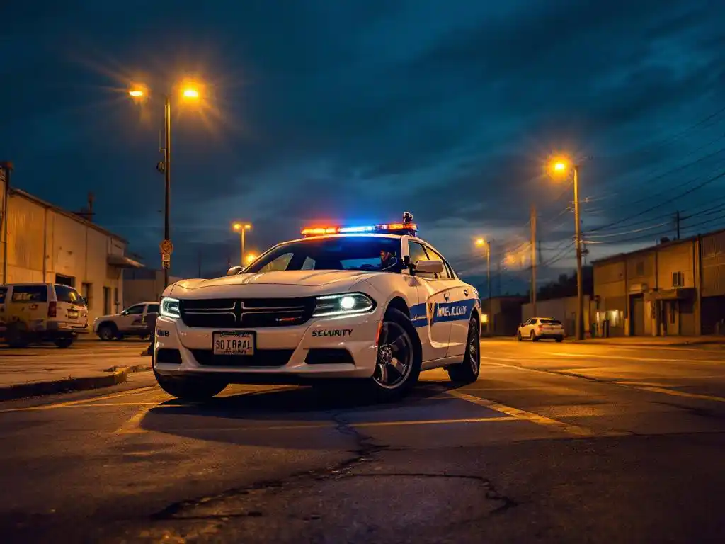 Witte Marshall Security patrouillevoertuig geparkeerd op industriële straathoek bij schemering, beveiligingsagent controleert apparatuur