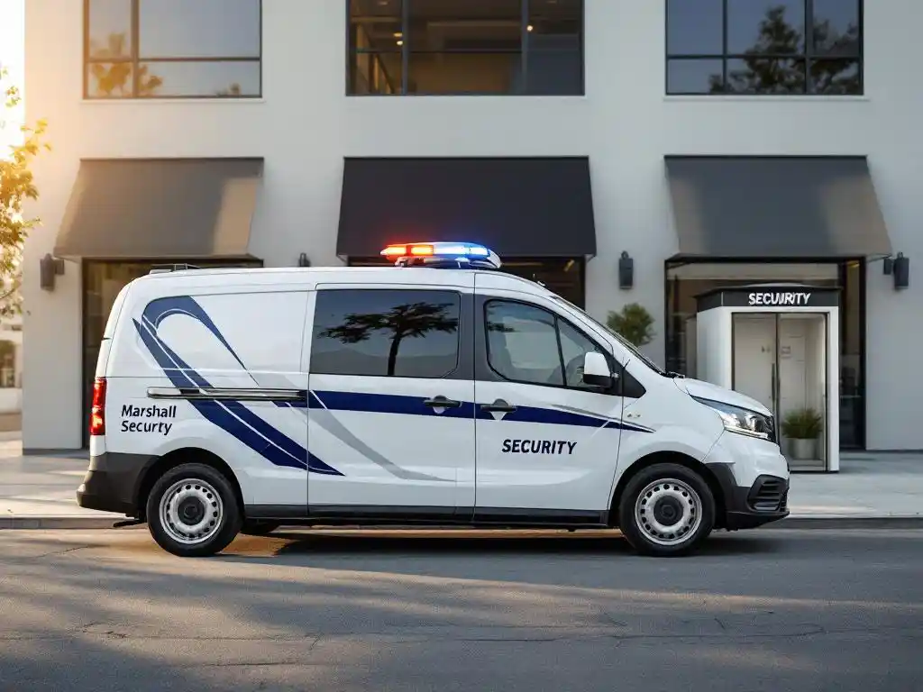 Witte beveiligingspatrouillevoertuig met camerasysteem en LED-balk geparkeerd voor moderne winkel, lege bewakingscabine op achtergrond