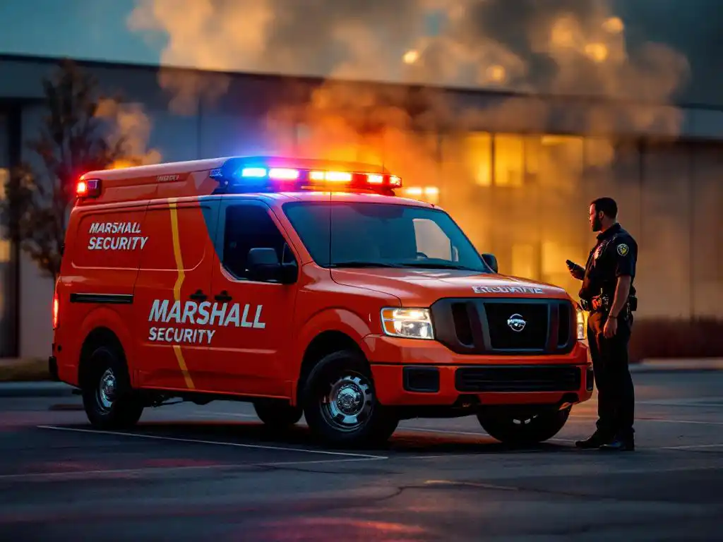 Oranje Marshall Security patrouillevoertuig met zwaailichten bij modern kantoorgebouw met rook uit ramen, beveiliger met portofoon