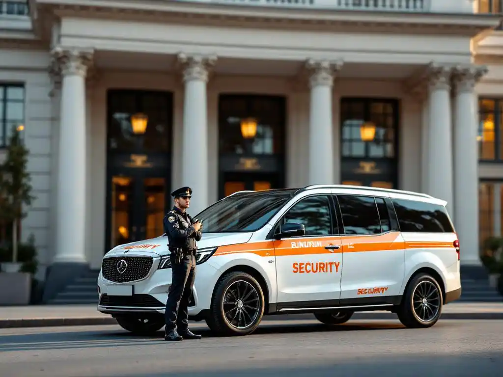 Witte beveiligingsvoertuig met oranje markeringen geparkeerd voor overheidsgebouw met klassieke zuilen, uniformed agent inspecteert met radio-apparatuur