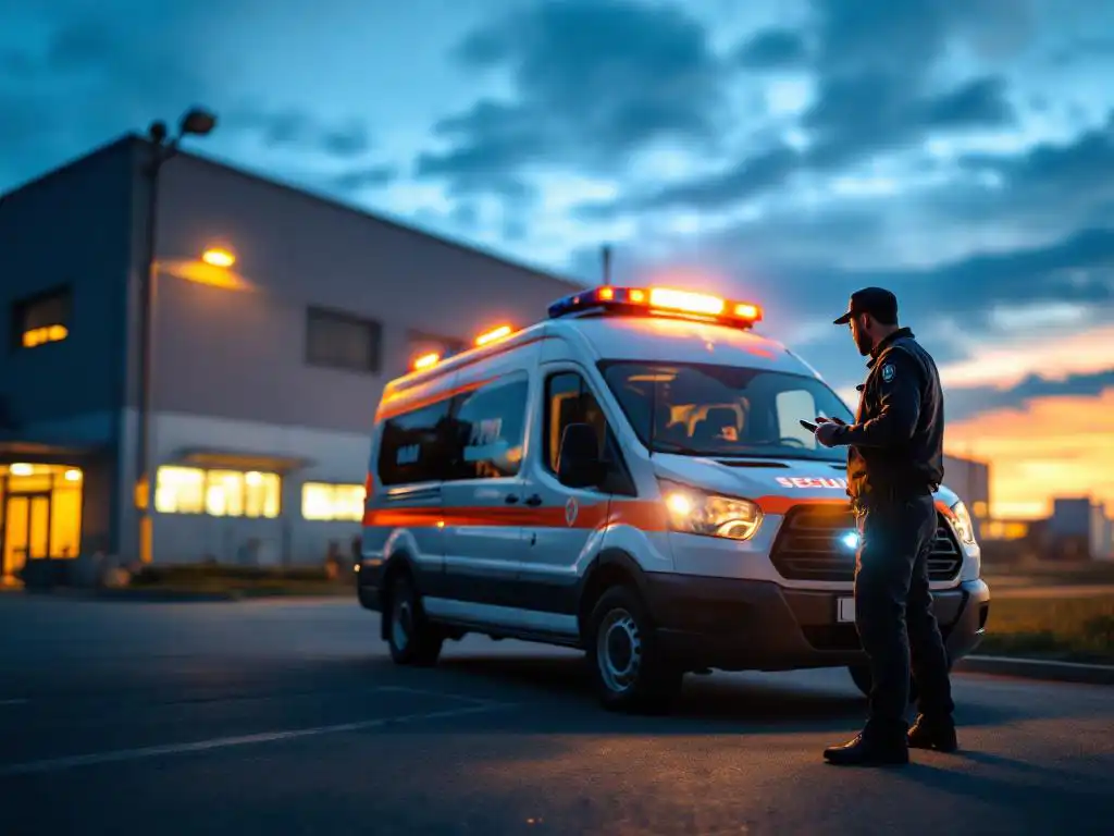 Witte beveiligingspatrouillevoertuig met oranje markeringen geparkeerd bij moderne industriële faciliteit tijdens schemering