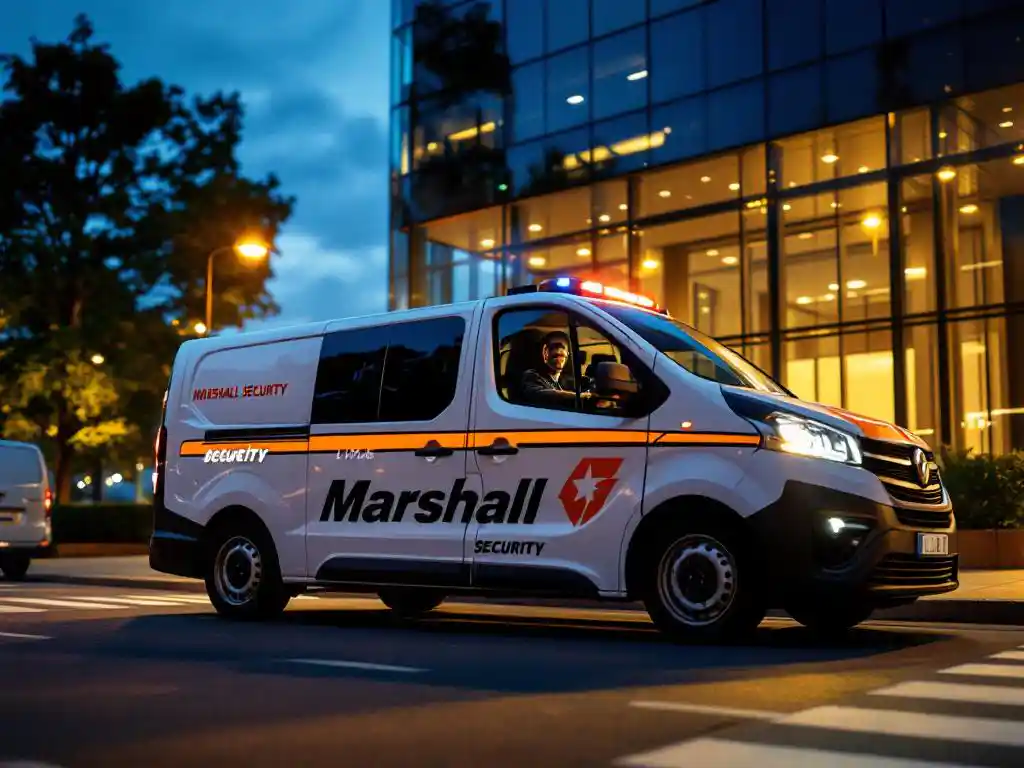 Witte Marshall Security patrouillevoertuig met oranje markeringen geparkeerd bij modern glazen kantoorgebouw bij schemering