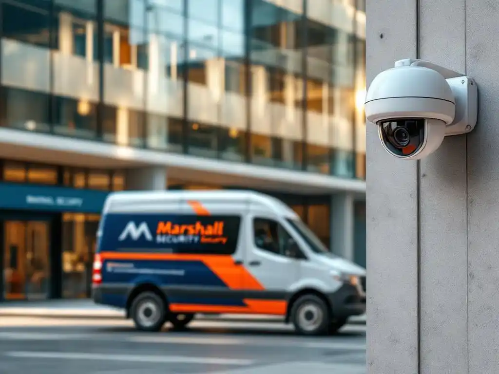 Witte beveiligingsbestelwagen met oranje Marshall Security logo geparkeerd naast modern glazen kantoorgebouw met koepelvormige beveiligingscamera