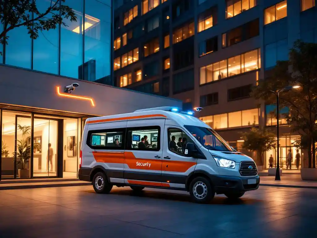 Witte beveiligingsbus met oranje markeringen geparkeerd bij moderne kantoorgebouw bij schemering, bewakingscamera op dak