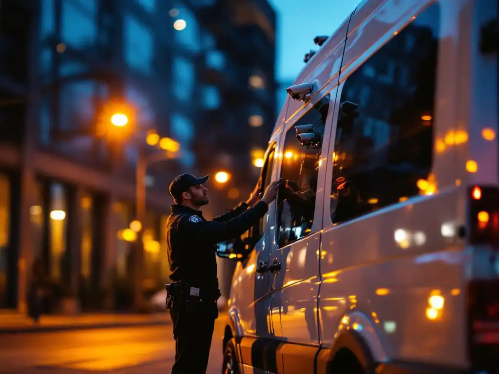 Beveiligingsbeambte inspecteert witte bewakingsvan met camera's voor modern kantoorgebouw bij schemering