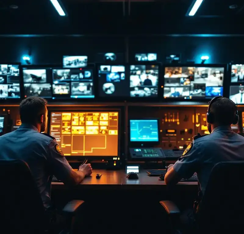 Professionele beveiligingscontrolekamer met bewakingscamera's en politiedispatch communicatieapparatuur, operator aan het werk