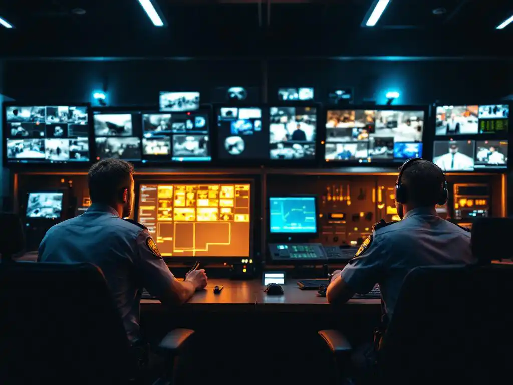 Professionele beveiligingscontrolekamer met bewakingscamera's en politiedispatch communicatieapparatuur, operator aan het werk