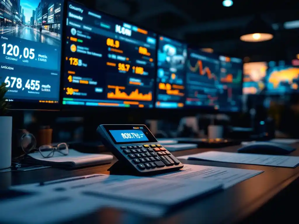 Professionele beveiligingsmonitoringdesk met HD-bewakingsschermen en calculator met maandelijkse kosten op voorgrond