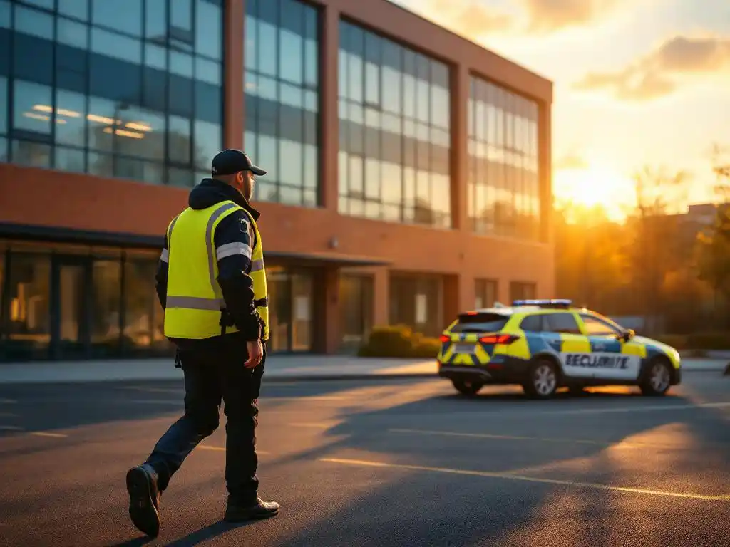 Beveiligingsmedewerker in reflecterend vest loopt langs moderne schoolgebouw tijdens gouden uur met patrouillevoertuig geparkeerd