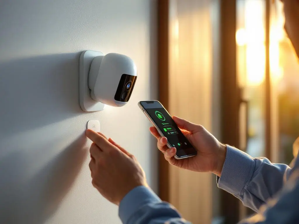 Beveiligingstechnicus stelt witte bewegingssensor af op moderne kantoorwand met smartphone die groene statusindicatoren toont