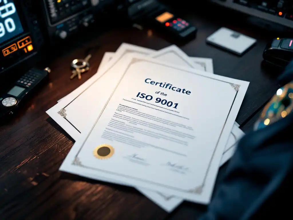ISO 9001 certificaat op donker houten bureau met beveiligingsapparatuur, badge en sleutelhanger van beveiligingsmedewerker