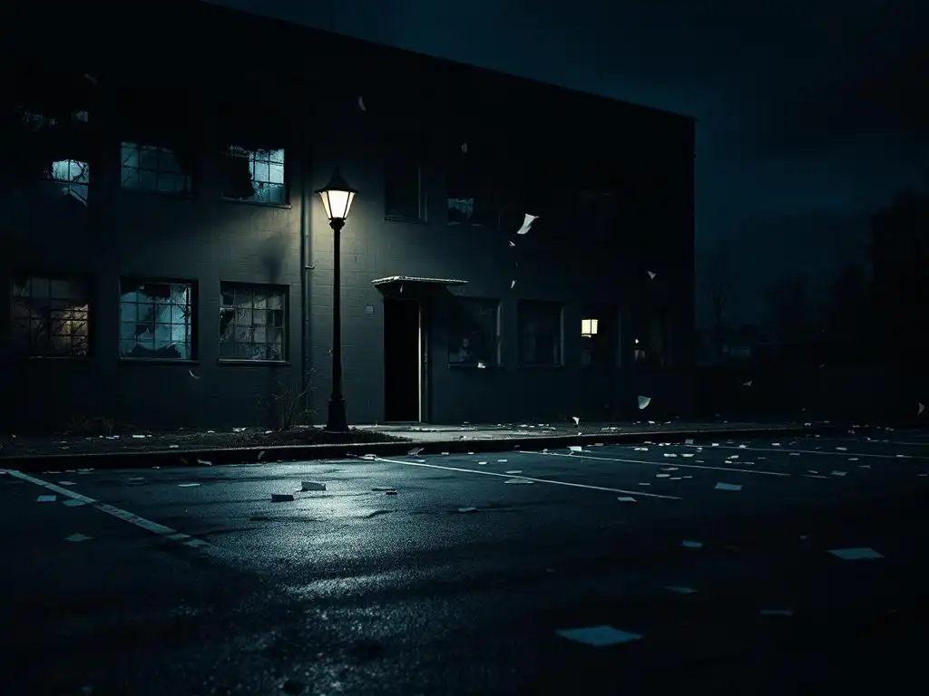 Verlaten kantoorgebouw bij nacht met kapotte ramen en open deur, donkere parkeerplaats met wegwaaiendo papieren onder flikkerende straatlantaarn