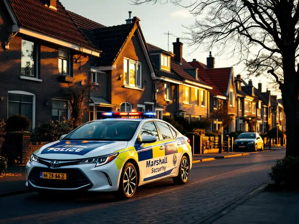 Marshall Security patrouillewagen geparkeerd voor Nederlandse huizen met rode dakpannen tijdens gouden uur