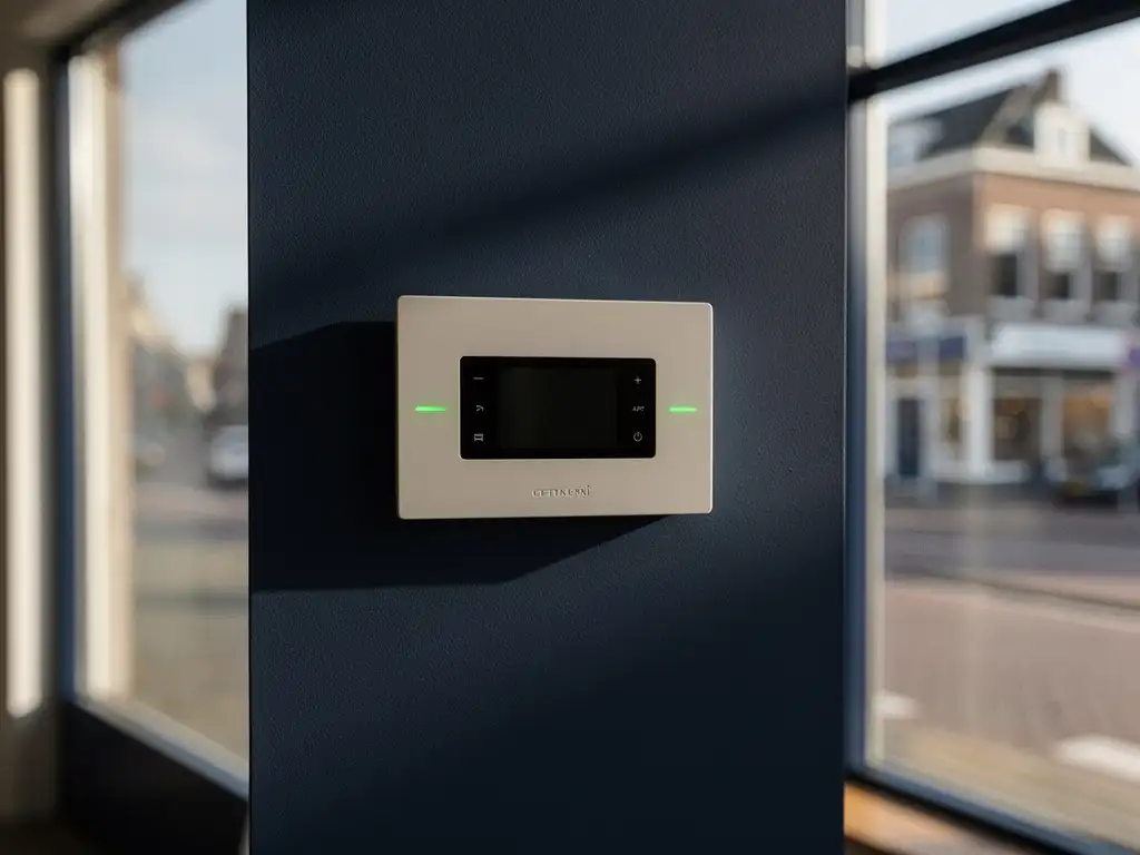 Alarmcentrale met groene indicatielampjes op kantoorwand, glazen gevel en kustlicht op de achtergrond.