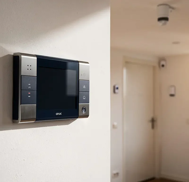 Inbraakalarmpaneel van geborsteld staal op muur van moderne Nederlandse woning, met sensorapparatuur op de achtergrond.