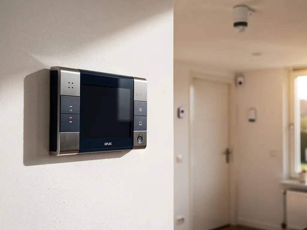Inbraakalarmpaneel van geborsteld staal op muur van moderne Nederlandse woning, met sensorapparatuur op de achtergrond.