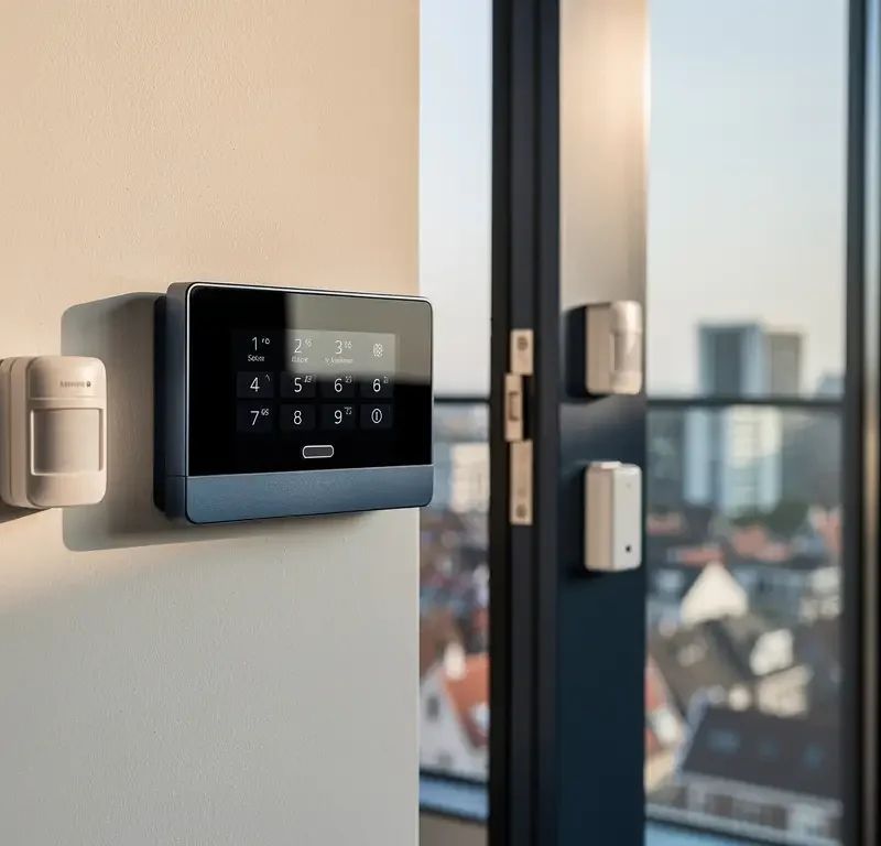 Professioneel alarmpaneel op muur van moderne Nederlandse woning met bewegingssensoren en deurcontacten, stadssilhouet op achtergrond.