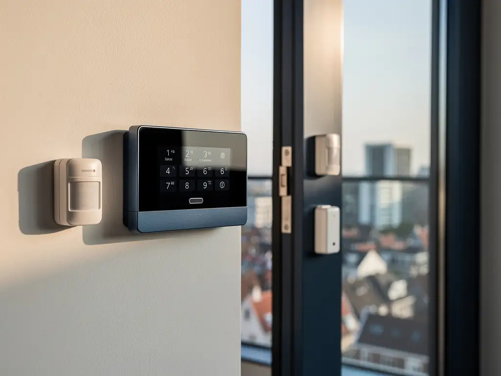 Professioneel alarmpaneel op muur van moderne Nederlandse woning met bewegingssensoren en deurcontacten, stadssilhouet op achtergrond.