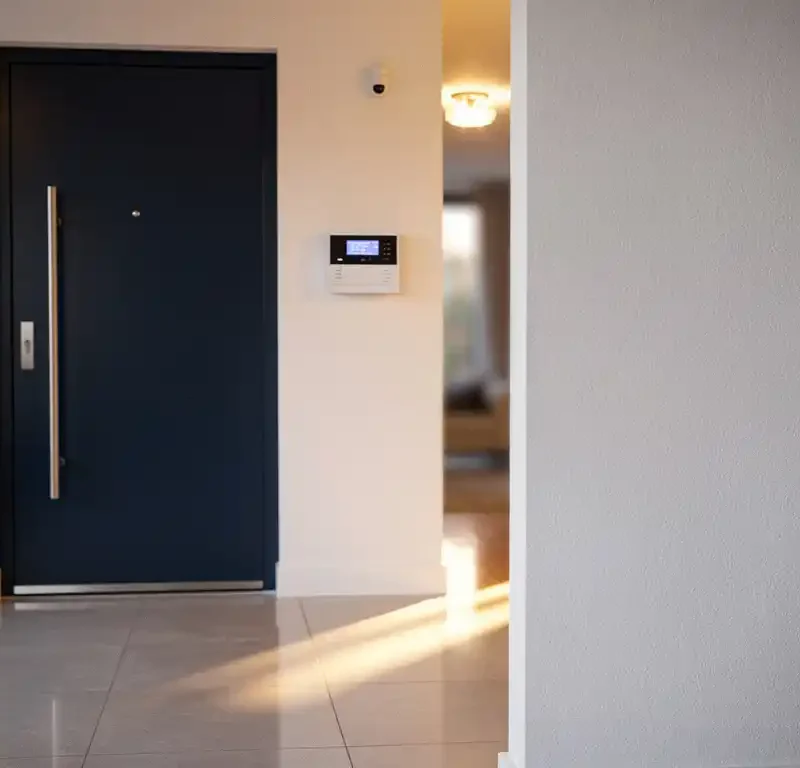 Inbraakalarmcentrale en bewegingssensor naast een voordeur in een Nederlandse woning met warme verlichting en gepolijste tegelvloer.